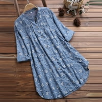 Дамски V-образен елемент плисирана флорална щампа с дълги ръкави ежедневни върхове тениска блуза