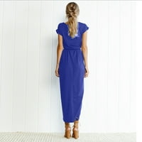 Gotyou облича женски летен солиден цвят с къс ръкав на талията тънък нередовен рокля Blue xs