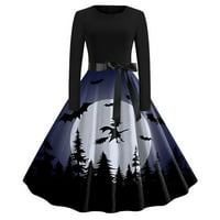 Felwors Женски рокли с дълги ръкави с кръгла шия с дълъг ръкав отпечатани винтидж рокля рокля абитуриентски рокля, m черна