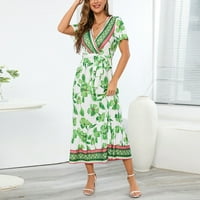 Жени летни рокли флорални принтиращи опаковки v шия къса ръкав бохемски ежедневна рокля от миди рокля Ръф