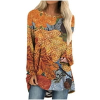 Женски флорален принт ризи с дълъг ръкав Моден екипаж на врата Пуловер Небрежно свободно годни модни дами блузи върхове