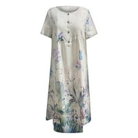 Женски рокли Дължина на глезена Небрежна флорална къса ръкав A-Line Henley Summer Dress White XL
