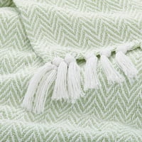 Американско одеяло за хвърляне, памук с ресни, Светло зелено и бяло Рибена кост, одеяло за всички сезони