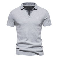 Модна мъжки ежедневни тънки якички от яка твърд цвят с къс ръкав върхове блуза памучни тениски за мъже ризи с копче, сиво, 3xl