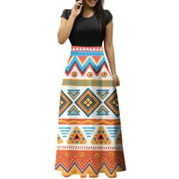 Женски моден ежедневен етнически печат кръгла шия с къси ръкави с голям размер дълги рокли