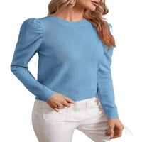 Небрежни обикновени кръгли пуловери с дълъг ръкав сини пуловери за жени
