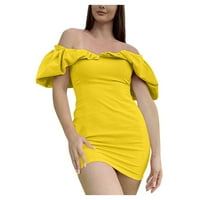 Yubatuo дамски лятна мода секси солиден цвят тънки опаковки рокли без ръкави с една линия шия мини рокли за жени жълти s