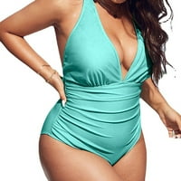 B91XZ бански костюм жени Контрол на корема Плюс размер на плътния цвят дълбок V Neck Swimsuits Ruffled Backsless Britheer Boting Suit Blue Bikini Green, 3XL