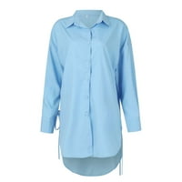 Клирънс дамски летни върхове блуза жени с дълъг ръкав ежедневни солидни разхлабени блузи с v-образно деколте, синьо, xxxl