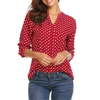 Върхове за дамски отпечатана блуза с дълъг ръкав с V-образно деколте Red 5xl