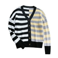 Miayilima Black XL Cardigan за жени цветни блокви ивици плетен жилищен пуловер едно- тънък пуловер с дълъг ръкав с V-образно деколте