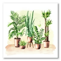 Вътрешен зелен дом къща растения в саксии и живопис платно изкуство печат