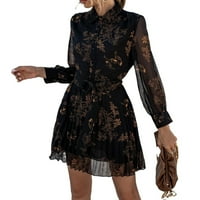 Небрежна рокля за риза с животински печат с дълъг ръкав черен цвят дамски рокли