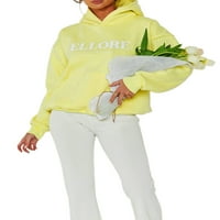 DICONNA женски ежедневни качулки с дълъг ръкав буква печат леки пуловер върхове свободни суичър с джоб жълт m