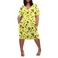 Tking Fashion Women's Summer ежедневно бохо отпечатана рокля с тениска с джобни къси ръкави V-образни рокли MIDI Рокли Жълти S