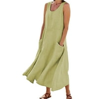 Cotonie Women's Summer Dress Небрежно твърд цвят без ръкави с кръгла шия памучен спално бельо дълга рокля с джоб