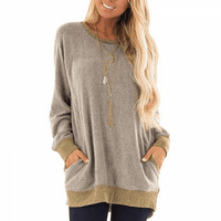 Lannger дамски твърд цвят дълъг ръкав кръгла шия извънгабаритна риза висока ниска блуза туника върхове контраст джобен пуловер