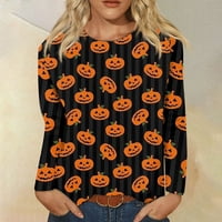 Върхове за жени плюс размер с дълъг ръкав Crewneck Хелоуин ризи за печат свободен пуловер Графична ежедневна блуза Черен XL